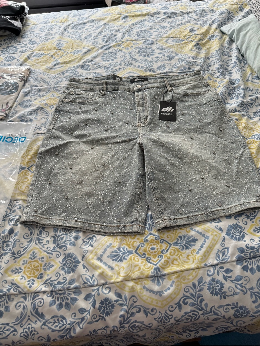 Decibel Distressed Speckled Denim Shorts - Light Gray